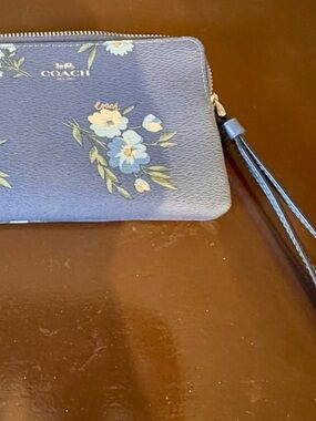 Coach Navy Floral Zip Wristlet with Tassel